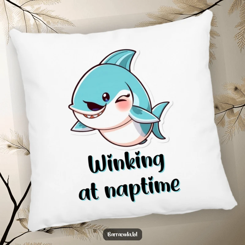 Funny barracuda character winking with a mischievous tail flick, depicted on a soft and humorous pillow.