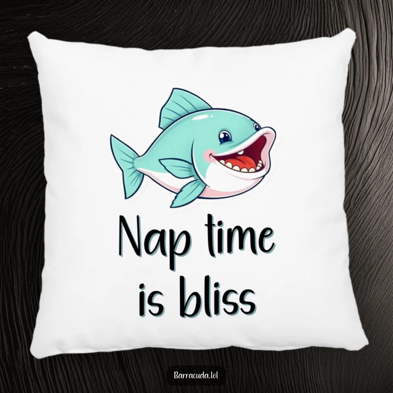 Funny fish pillow featuring a sleek swimmer with a wide, toothy grin, swimming with infectious glee, perfect for decoration.