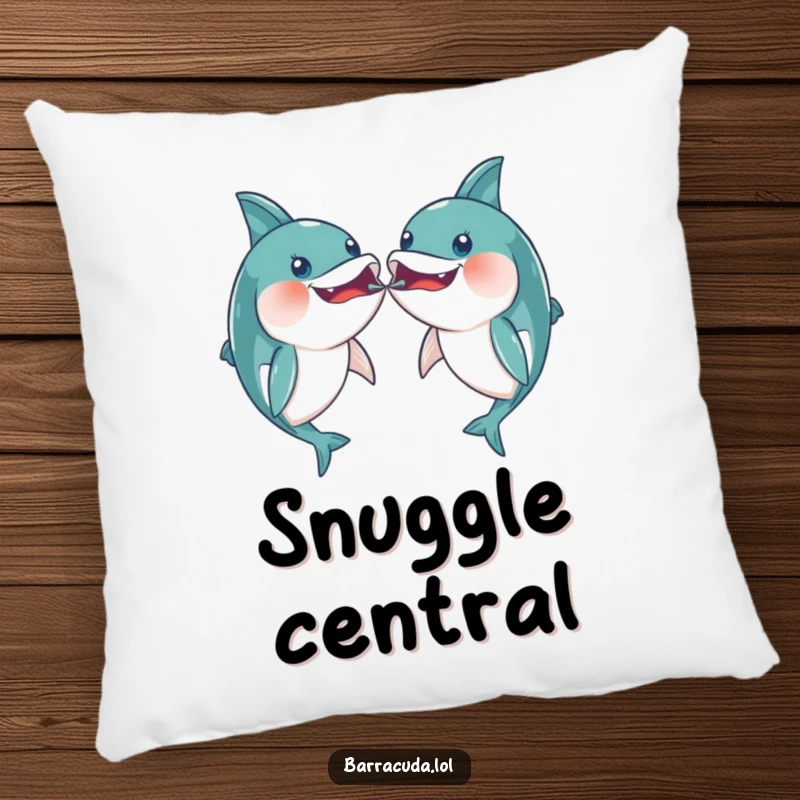 Funny pair of kawaii barracudas playfully bumping mouths on a soft pillow, for cozy, affectionate comfort.