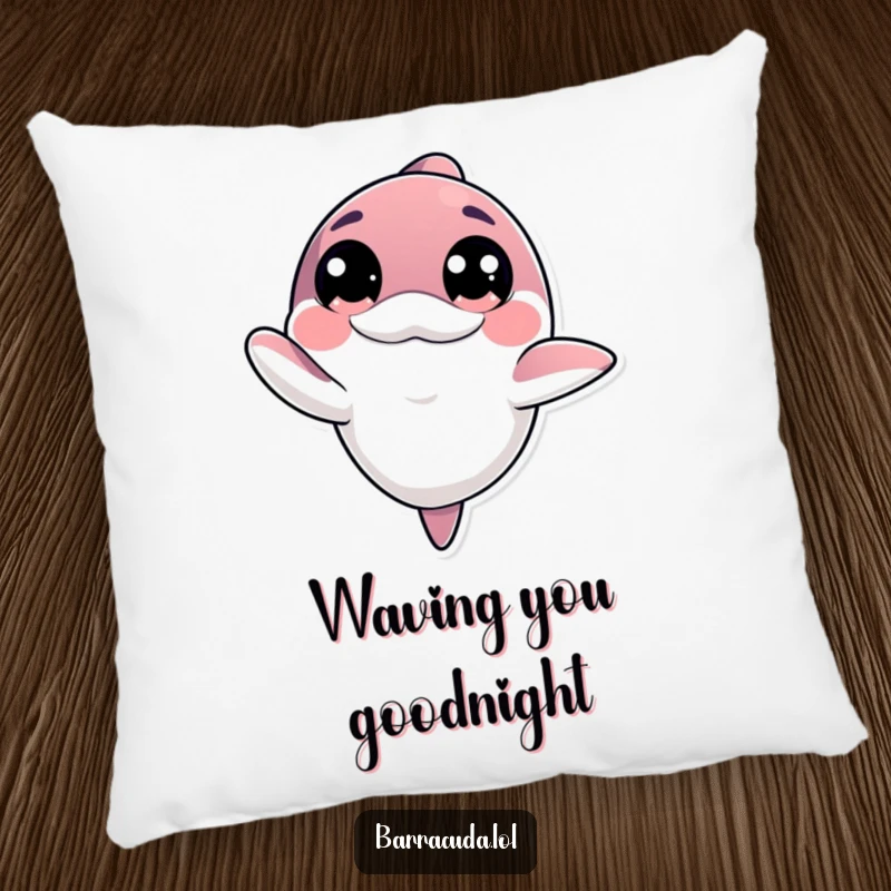Funny kawaii barracuda with big innocent eyes offering a friendly wave on a soft pillow, for cozy, gentle comfort.