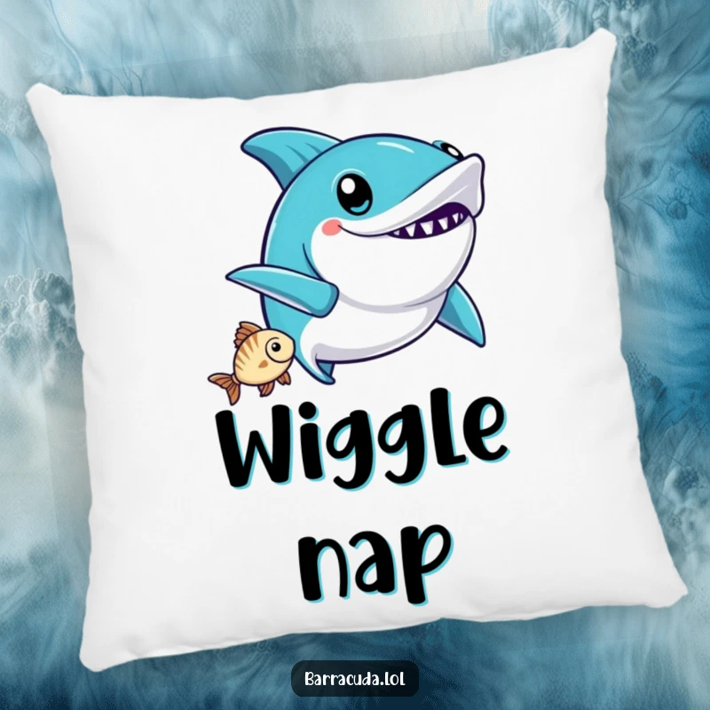 Funny Kawaii Barracuda Pillow: a cute barracuda does a victory wiggle after catching a fish, offering cozy celebration.