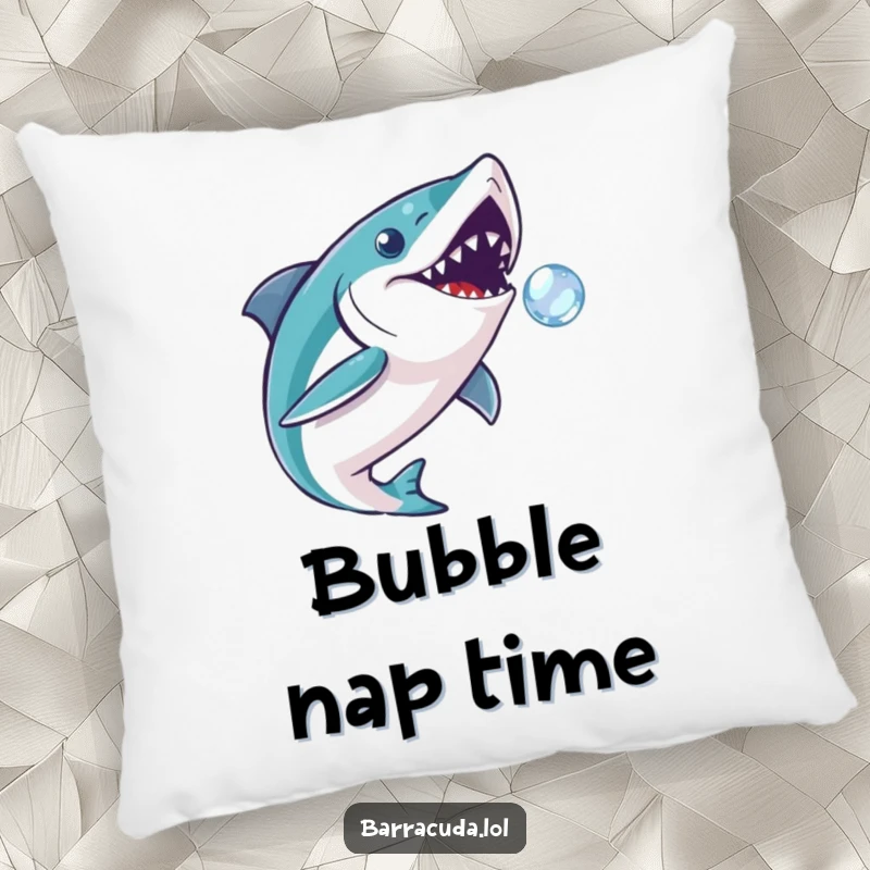 Funny barracuda pillow with a fish playfully chasing a bubble, offering comfort and a humorous, whimsical ocean accent.