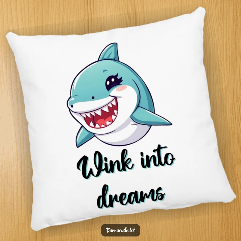 Funny barracuda pillow with a winking fish and sharp teeth, offering comfort and a humorous, cheeky ocean accent.