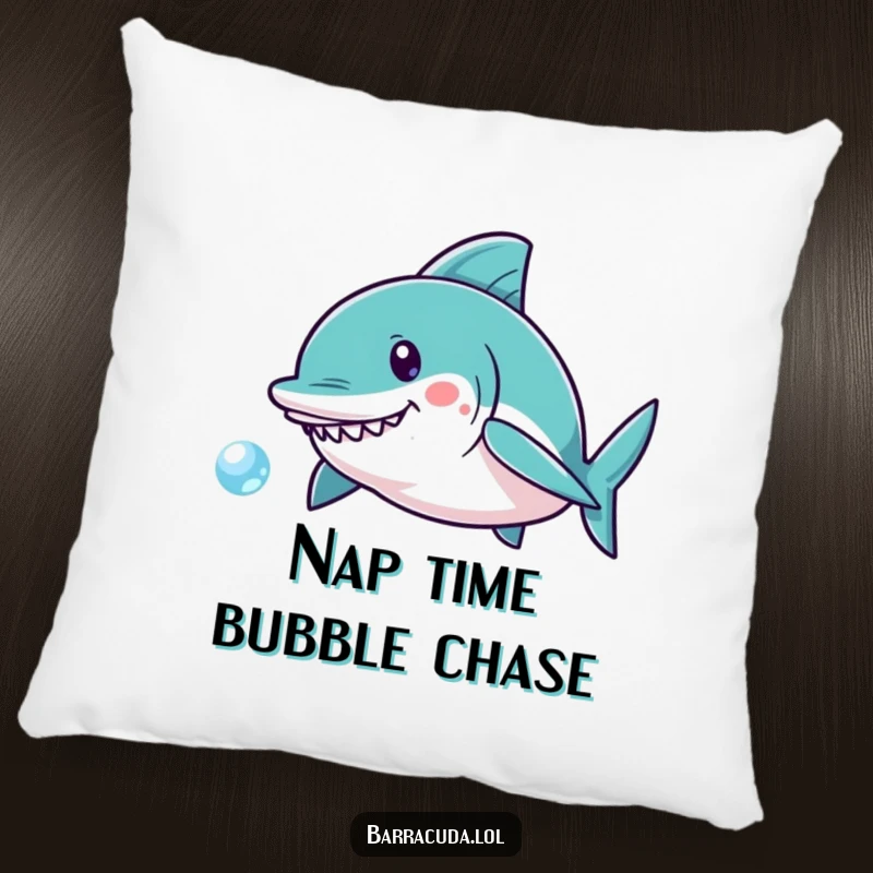 Funny Kawaii Barracuda Pillow: Soft cushion illustrating a cute fish joyfully pursuing a small, sparkling bubble, perfect for relaxation.