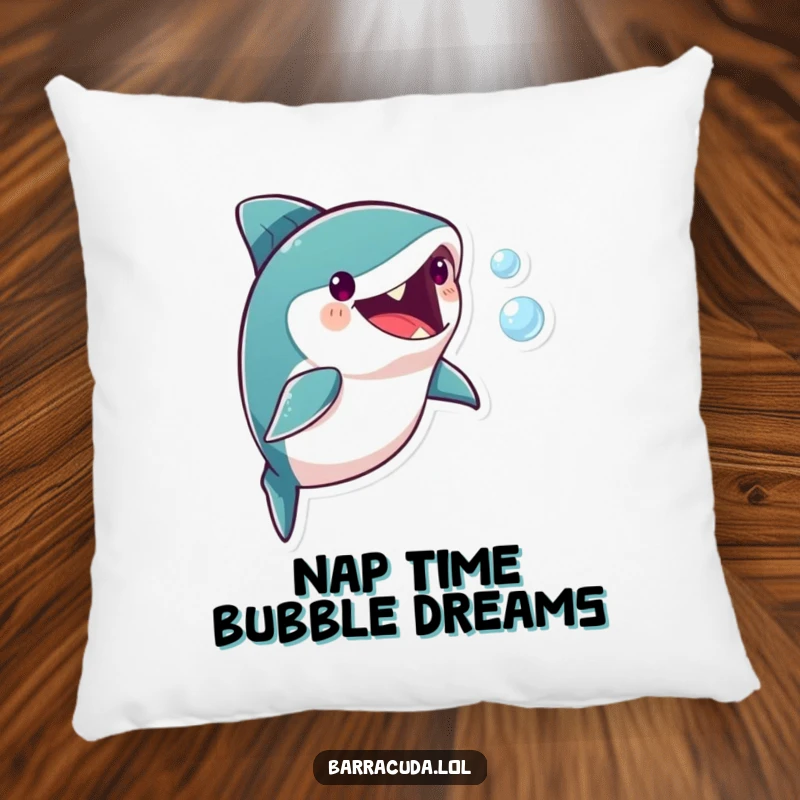 Funny barracuda character playfully chasing a small bubble, depicted on a soft pillow for a humorous and cuddly touch.