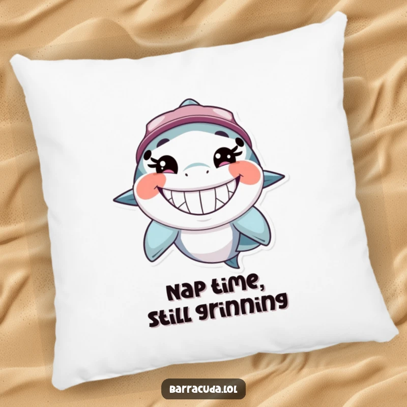 Funny barracuda pillow with a character's enormous, toothy, happy grin, offering plush comfort and a cheerful, aquatic aesthetic.