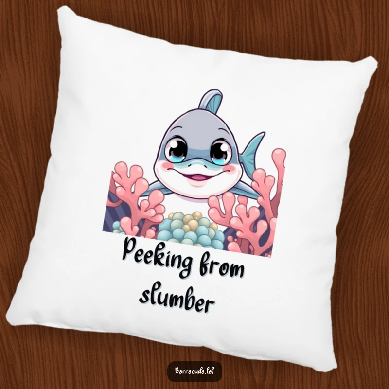 Funny barracuda pillow with a curious fish peeking from coral, offering comfort and a humorous, intriguing ocean accent.