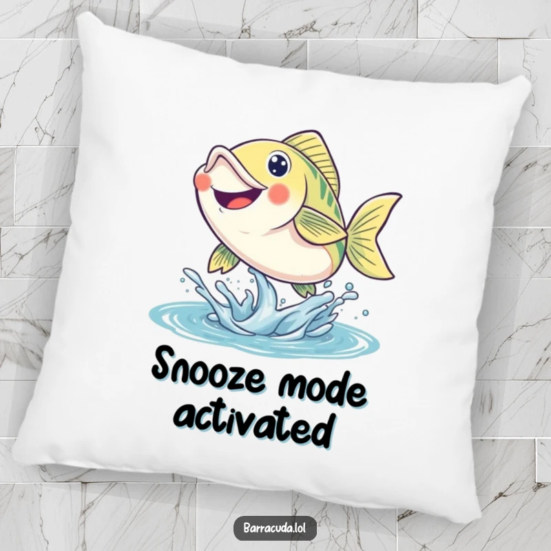 Funny fish pillow featuring a smiling fish leaping energetically out of the water, perfect for adding a pop of fun.