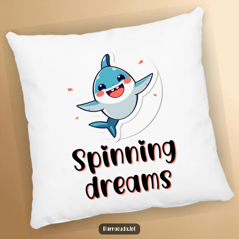 Funny, very happy kawaii barracuda spinning in a circle on a soft pillow, for cozy comfort and radiating joy.