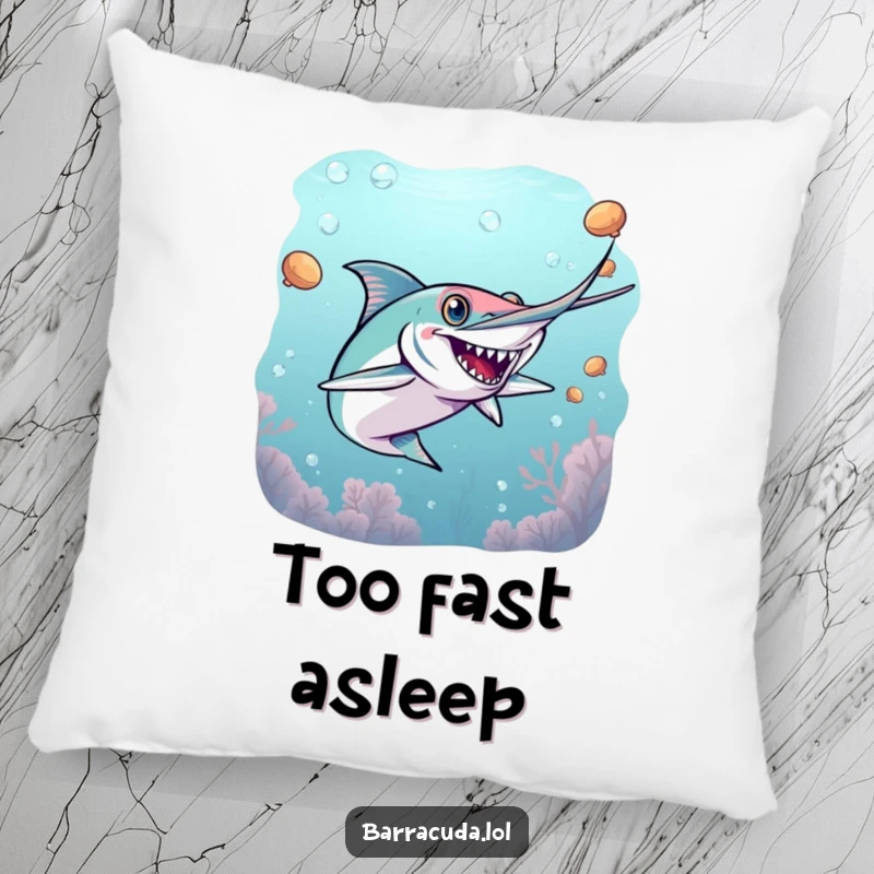 Funny barracuda pillow design featuring an energetic barracuda playing a game of underwater tag, perfect for comfort.
