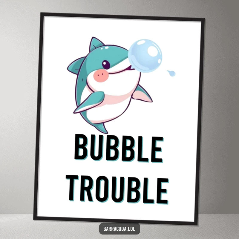 Funny barracuda digital art print, showing a barracuda joyfully chasing a soap bubble, ready to be printed and displayed.