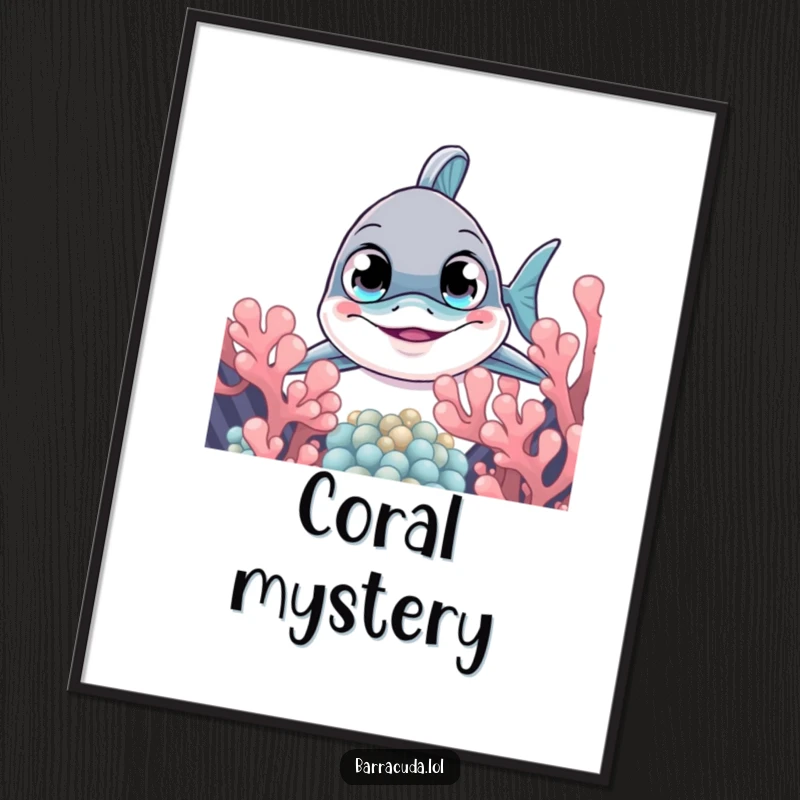 Funny barracuda digital art print of a curious fish peeking from coral, perfect for instant, intriguing wall decor.