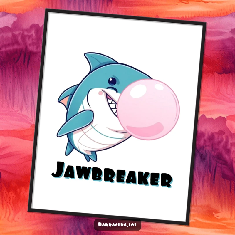 Funny Barracuda Bubble Digital Art Print, a playful illustration of a barracuda with a mischievous grin blowing a giant bubblegum bubble, ideal for instant decor.