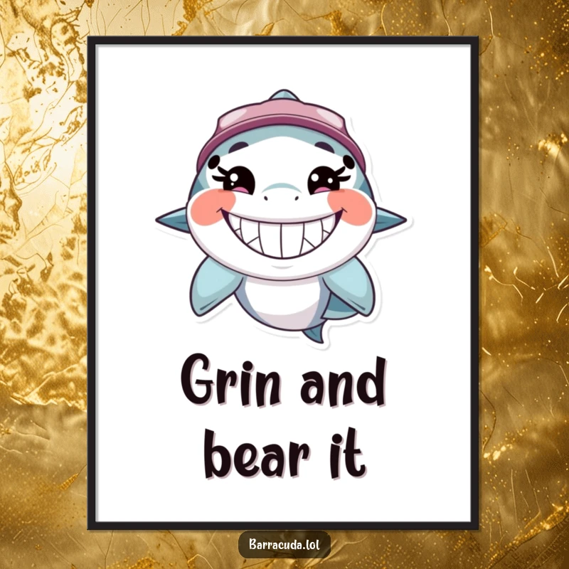 Funny barracuda digital art print of a fish with an immense, toothy, happy grin, offering instant humor and aquatic charm.