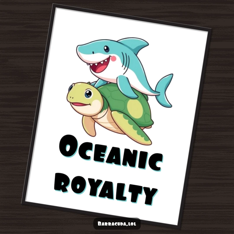 Funny Barracuda digital art print capturing a joyful barracuda riding a friendly sea turtle, a humorous and vibrant ocean-themed illustration.