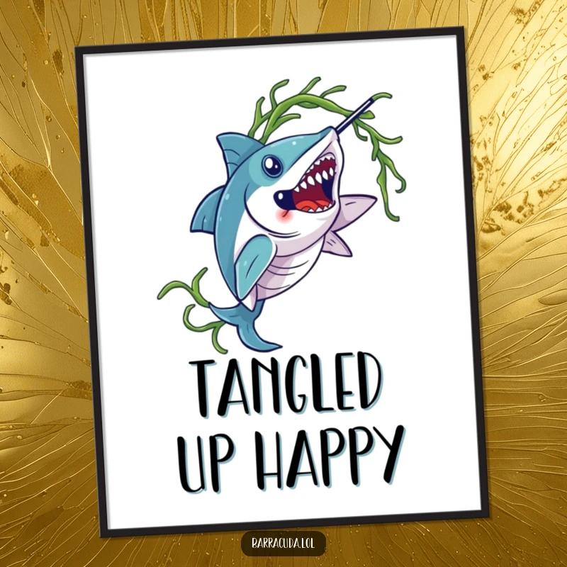 Funny barracuda digital art print, showing a barracuda elegantly twirling seaweed, ready for stylish home decor.