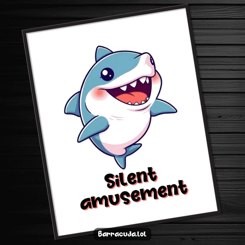 Funny digital art print of a barracuda with its mouth open, caught in a silent, comical giggle.