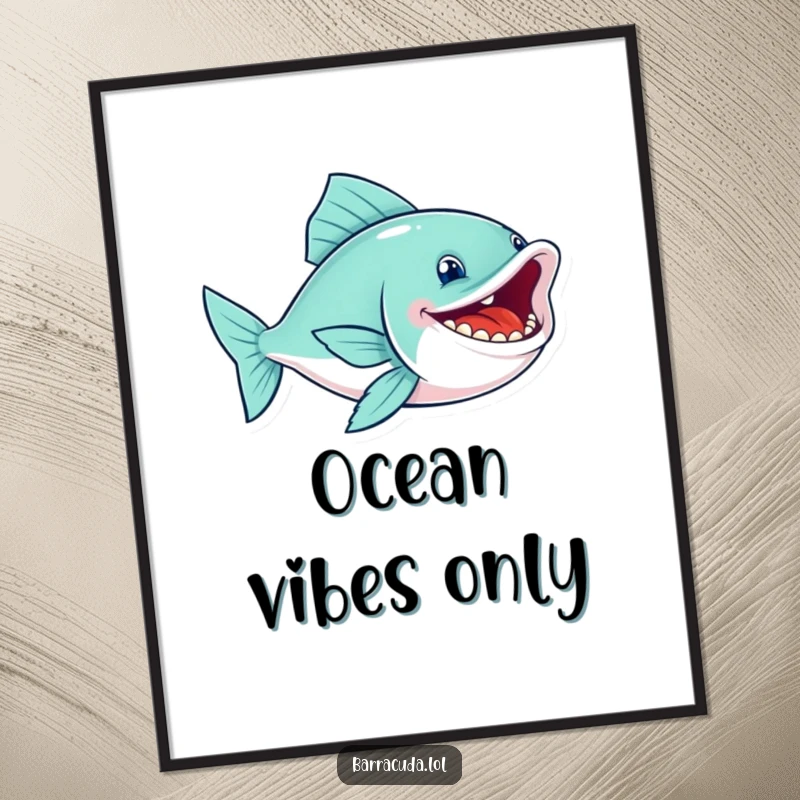 Funny fish digital art print of a sleek swimmer with a wide, toothy grin, swimming with infectious glee, vibrant and humorous.