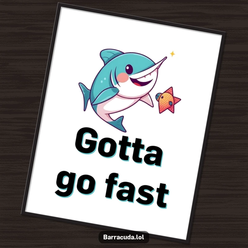 Funny kawaii barracuda gleefully chasing a sparkly fish as digital art, a vibrant and humorous graphic.