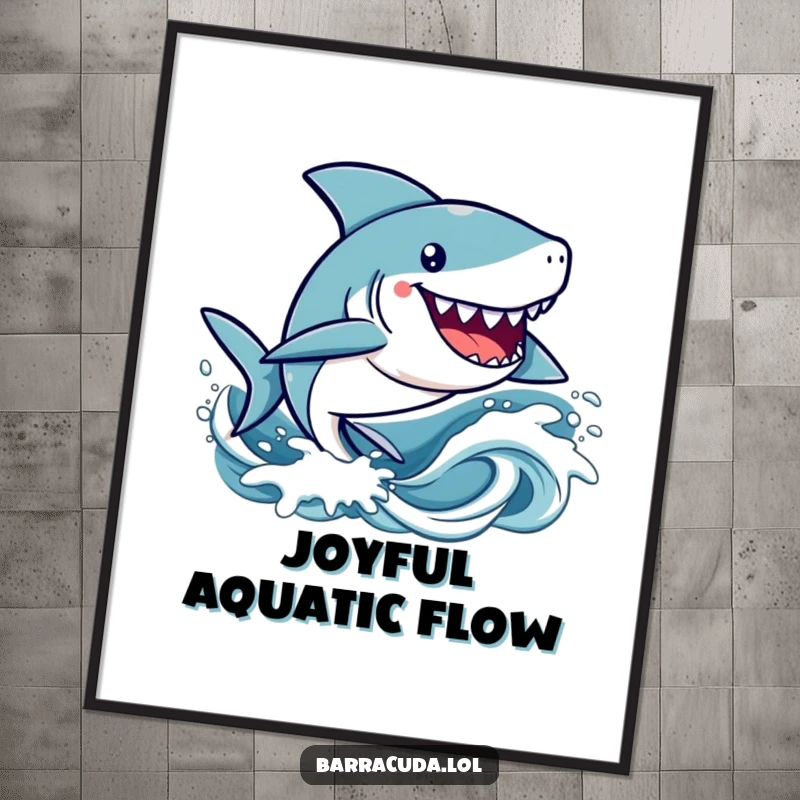 Funny kawaii barracuda character happily zipping through stylized waves, perfect for cute and humorous digital art.