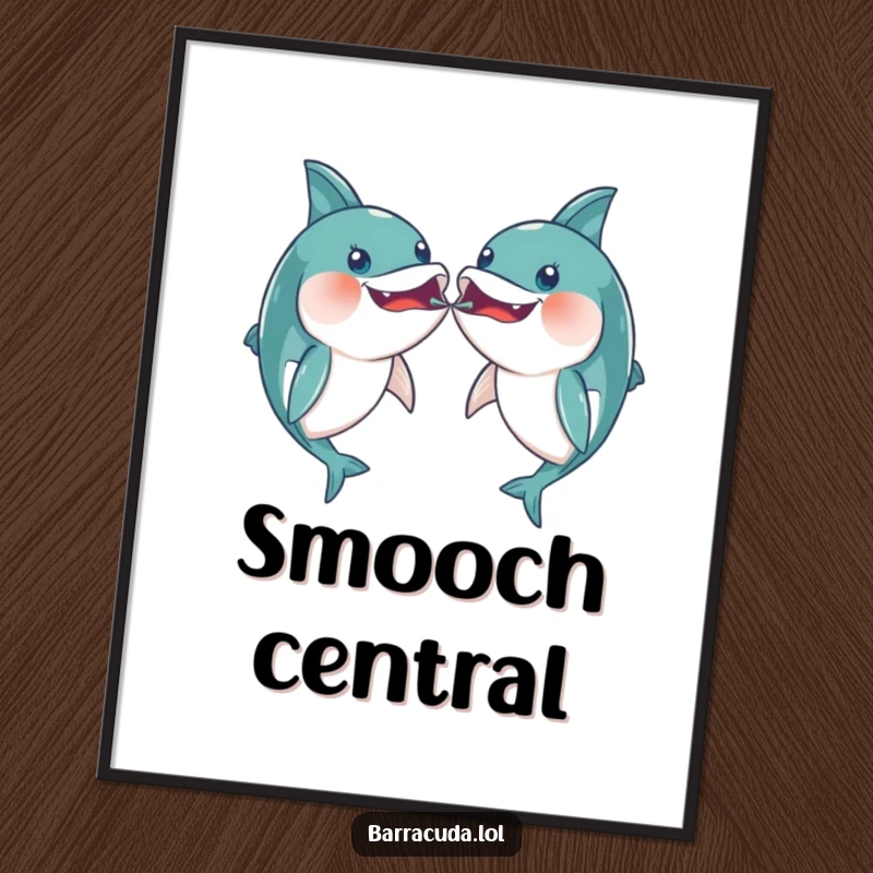 Funny pair of kawaii barracudas playfully bumping mouths on digital art, a cute and humorous graphic.