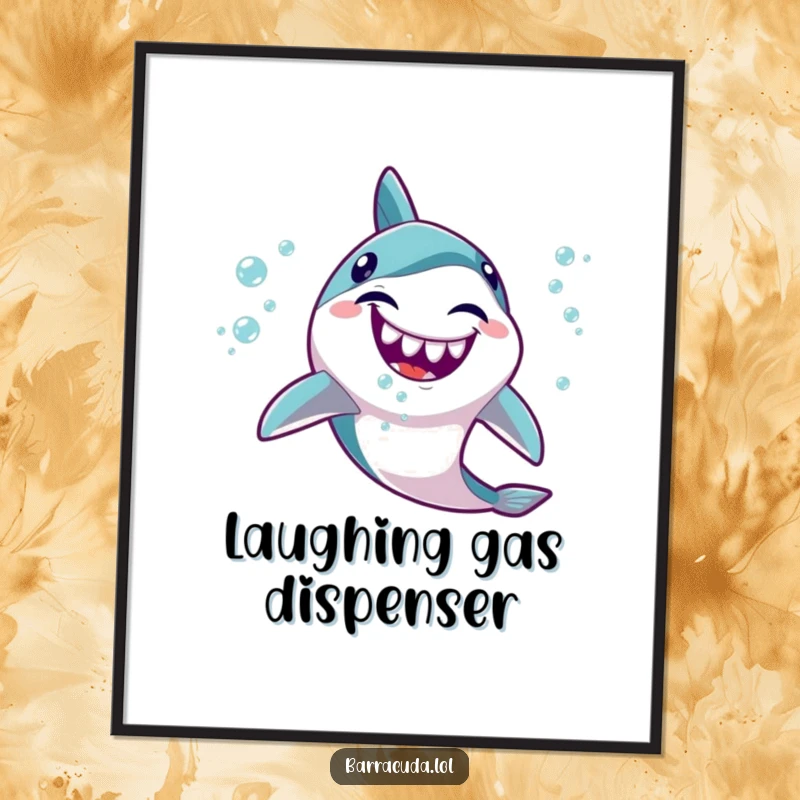 Funny Kawaii Barracuda Digital Art Print: High-resolution image of a cute fish giggling and spitting a stream of tiny, happy bubbles, ready for framing.
