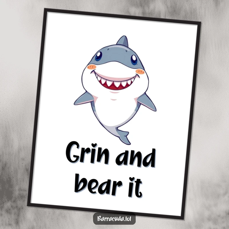 Funny Kawaii Barracuda Digital Art Print: High-resolution image of a fish with a large goofy tooth, grinning widely, perfect for framing.