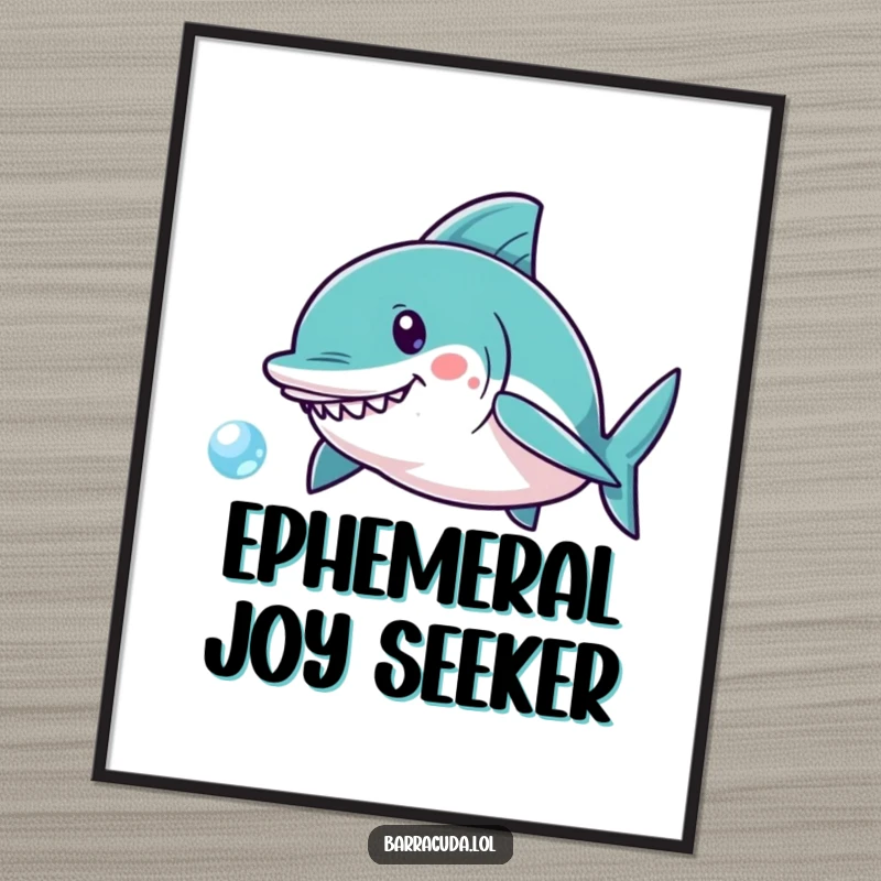 Funny Kawaii Barracuda Digital Art Print: High-resolution image of a cute fish joyfully pursuing a single, shimmering bubble, ready for framing.