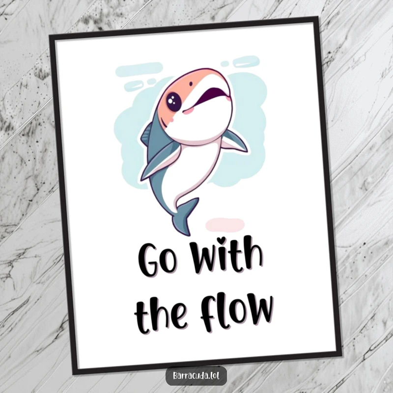 Funny Kawaii Barracuda Digital Art Print of a fish performing a playful underwater flip, adding energy.