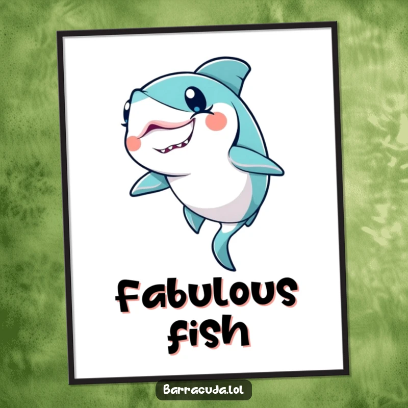 Funny Kawaii Barracuda Digital Art Print: a cute barracuda winks with a glitter trail, offering instant magical charm.