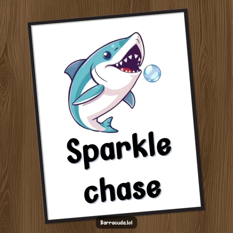 Funny barracuda digital art print of a fish playfully chasing a sparkling bubble, perfect for instant, whimsical wall decor.