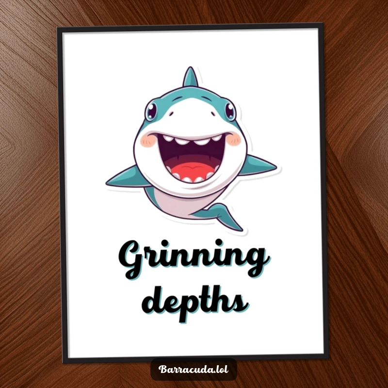 Funny digital art print of a kawaii barracuda with a huge, toothy grin, swimming energetically forward with quirky ocean flair.