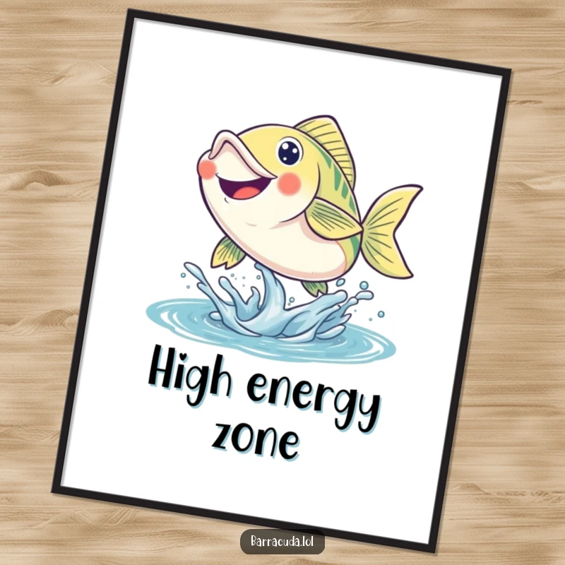 Funny fish digital art print of a smiling fish leaping energetically from the water, radiating joy and dynamism.