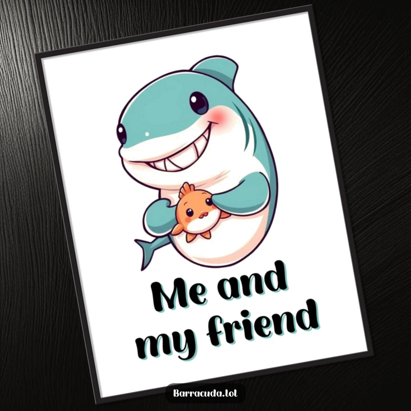 Funny digital art print of a barracuda with a huge grin, tenderly holding a small, shy fish companion, full of warmth.