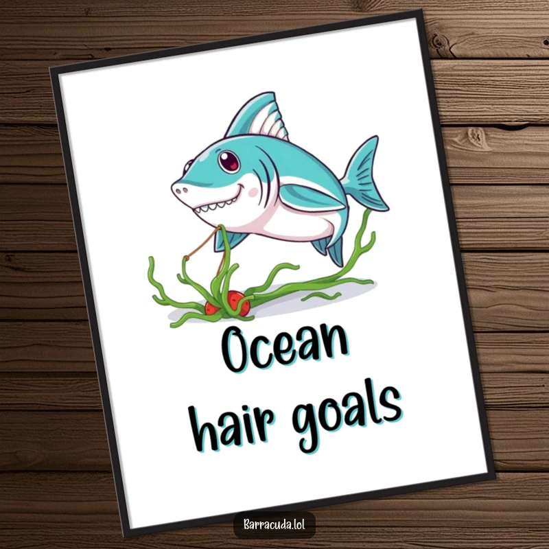 Funny Kawaii Barracuda Digital Art Print: a cute barracuda playfully tugging seaweed, offering instant ocean humor and charm.
