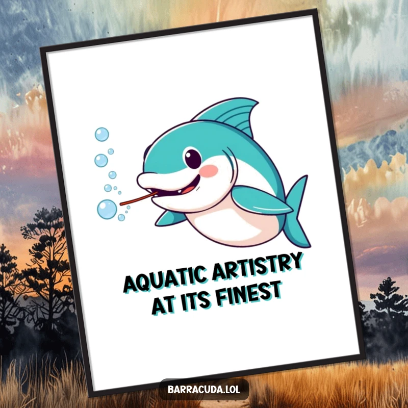 Funny barracuda digital art print of an amused barracuda blowing a stream of water bubbles, ready for instant download.