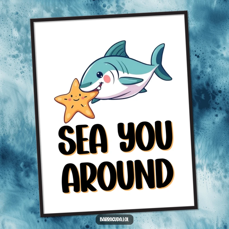 Funny Barracuda digital art print showing a playful barracuda nudging a starfish, a humorous and charming underwater illustration.