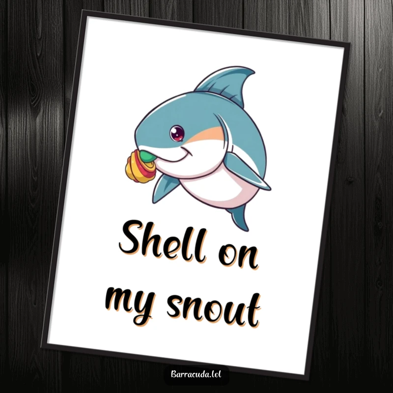 Funny digital art print of a barracuda with intense focus, balancing a colorful shell on its nose, a humorous artistic piece.