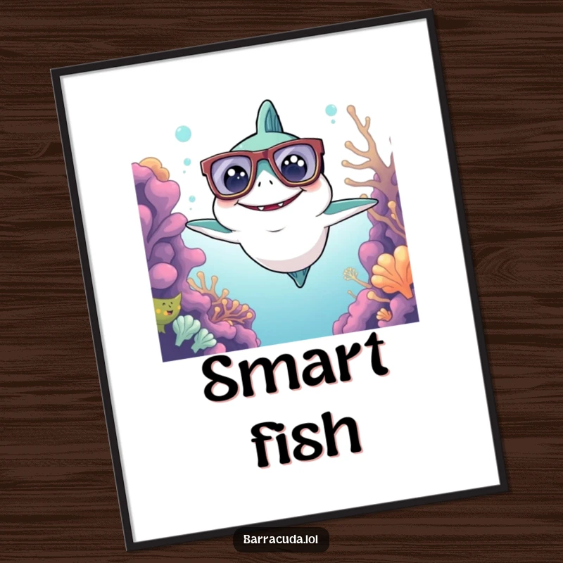 Funny Kawaii Barracuda Digital Art Print: a smart barracuda with glasses surveys the reef, offering instant intellectual charm.