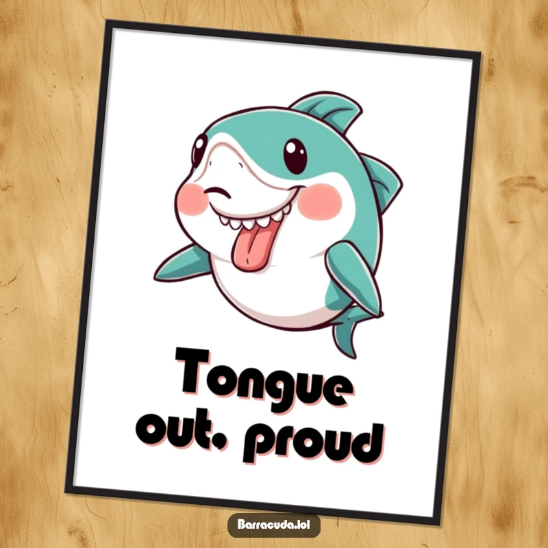Funny kawaii barracuda making a silly face with its tongue sticking out slightly on digital art, a humorous graphic.