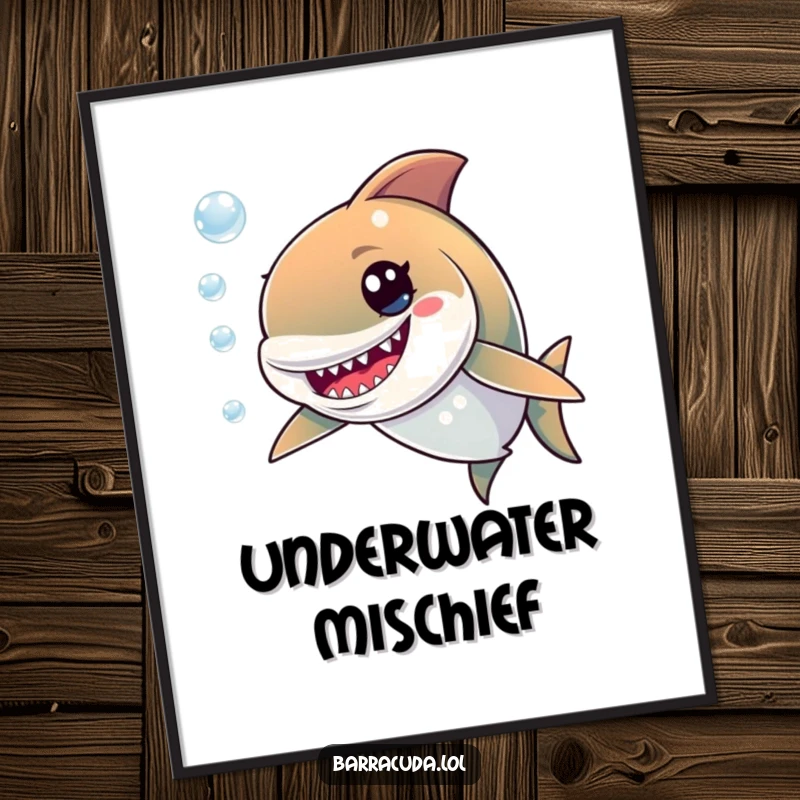 Funny digital art print of a cute barracuda with a mischievous grin, playfully diving through a shimmering cloud of bubbles.