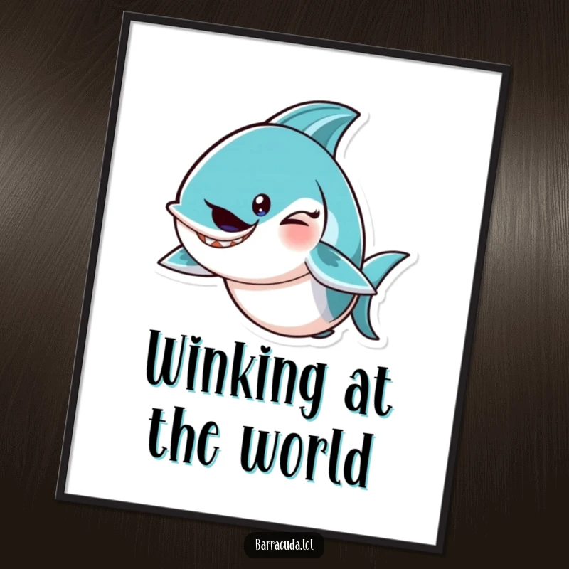 Funny barracuda character giving a mischievous wink and tail flick, perfect for humorous digital art decor.