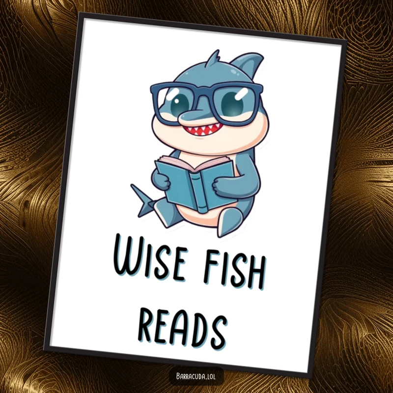 Funny digital art print of a barracuda wearing oversized glasses, deeply engrossed in reading a miniature novel.