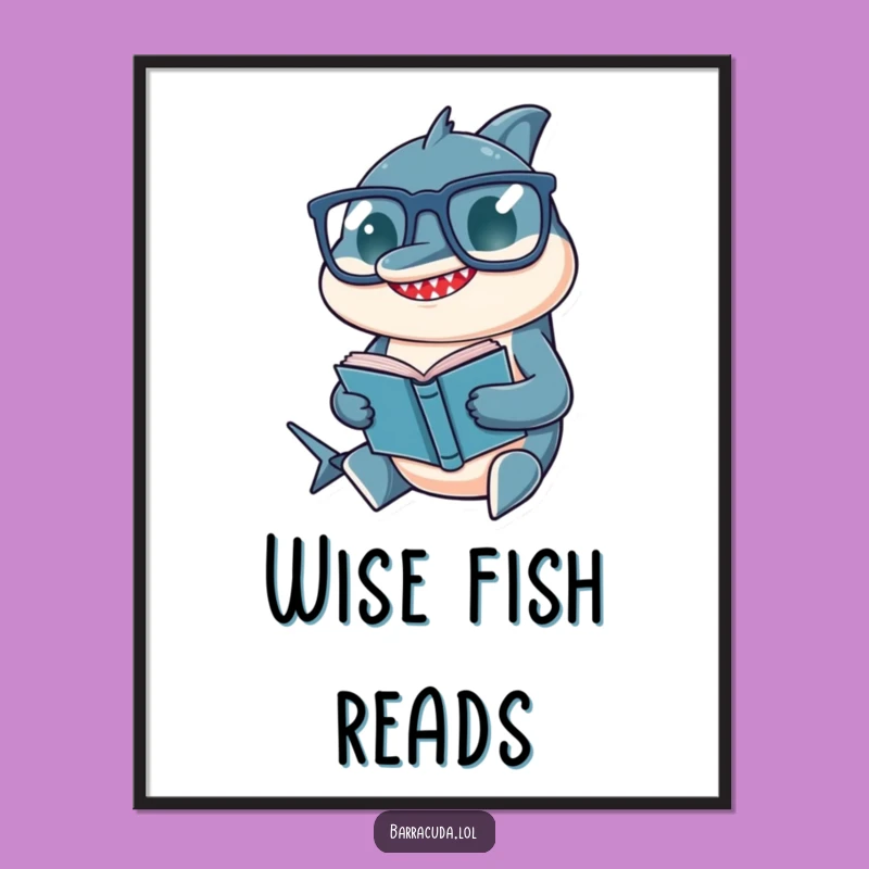 Funny Barracuda Digital Art: Reader in Glasses, Instant Intellectual Humorous Decor Gift