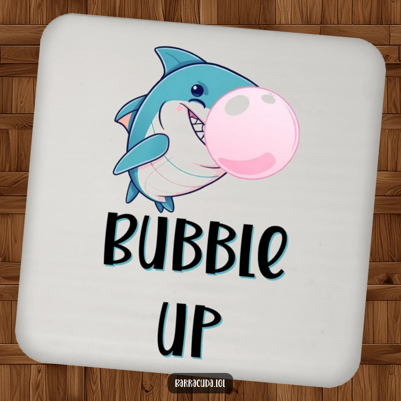 Funny Barracuda Bubble Coaster, a mischievous barracuda blowing a giant bubblegum bubble, perfect for protecting surfaces with playful aquatic humor.