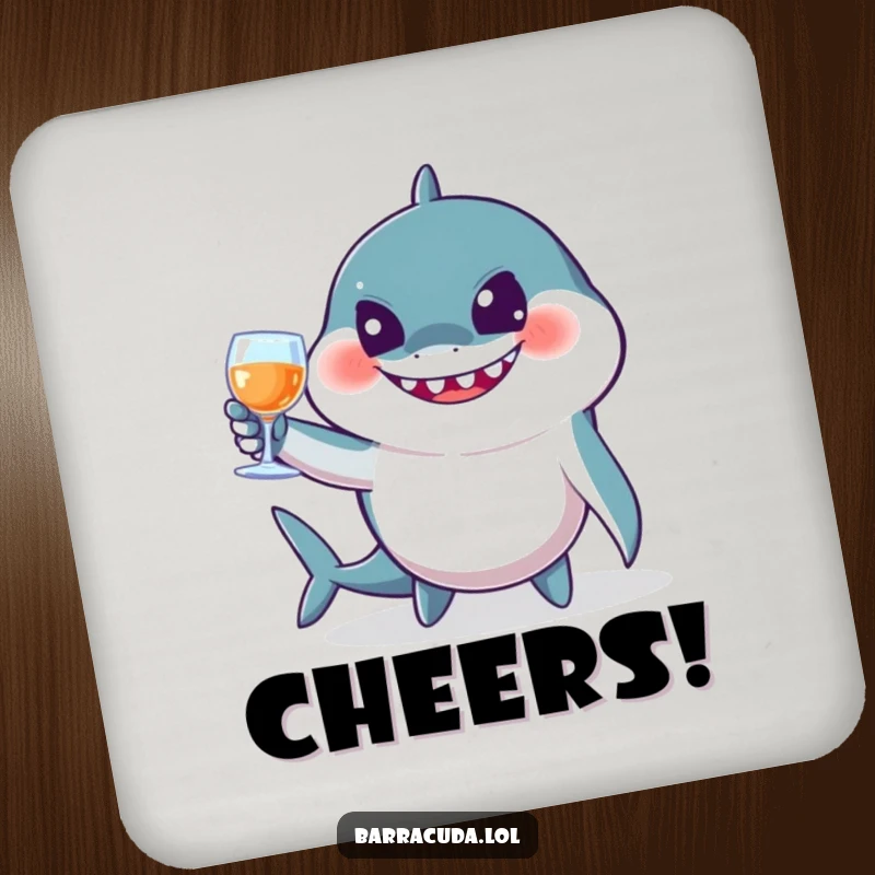Funny barracuda drink coaster of a jovial fish toasting with imaginary glasses, offering surface protection with a humorous, festive touch.