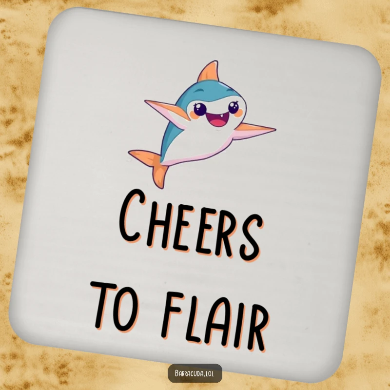 Funny drink coaster featuring a barracuda performing a synchronized swimming move with artistic flair.