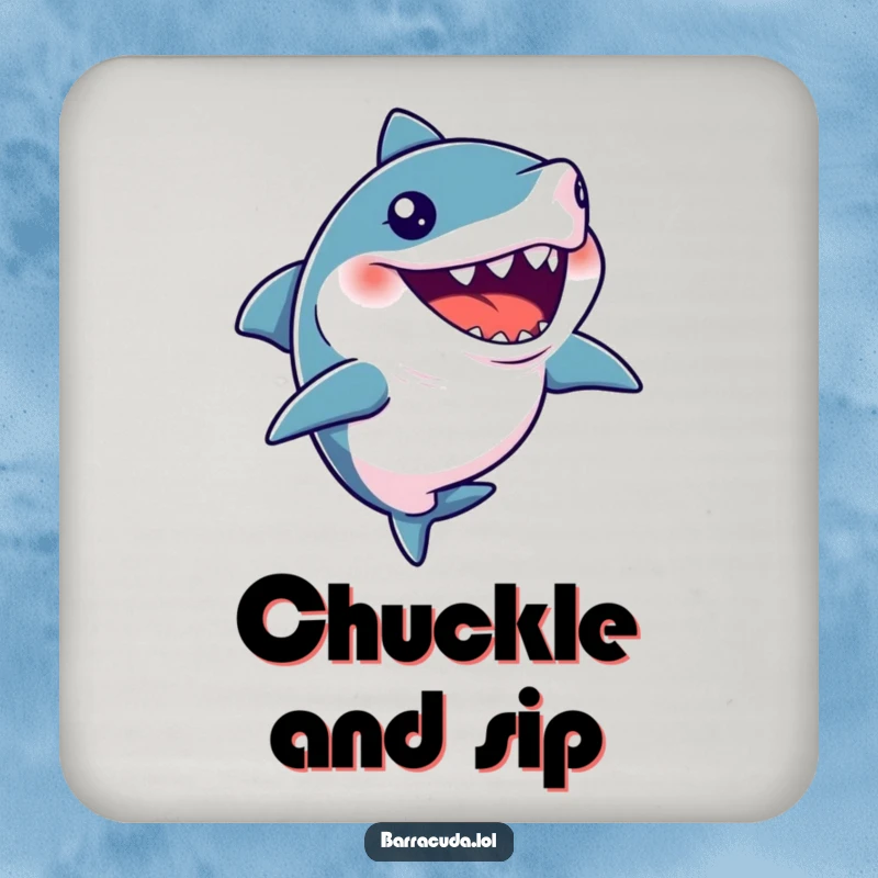 Funny drink coaster with a barracuda caught in a silent, comical giggle, adding a touch of humor.