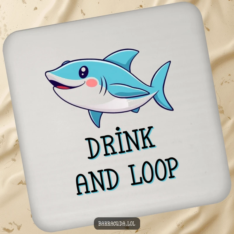 Funny barracuda drink coaster with a cute, smiling fish swimming in a loop, protecting surfaces with aquatic humor.