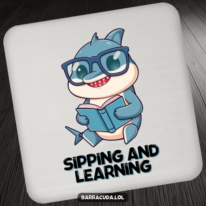 Funny drink coaster featuring a barracuda wearing large glasses, holding a tiny book, looking very intelligent.